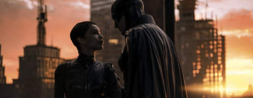 A backlit cityscape scene in The Batman showing the chiaroscuro lighting method