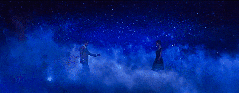GIF from the film La La Land of the dance scene where the characters dance in the stars
