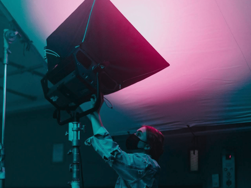 film lighting

a camera person/gaffer adjusts a box light