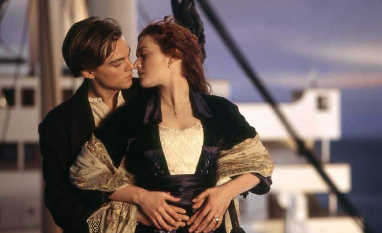 A still from the film Titanic: Jack and Rose on the bow of the ship.