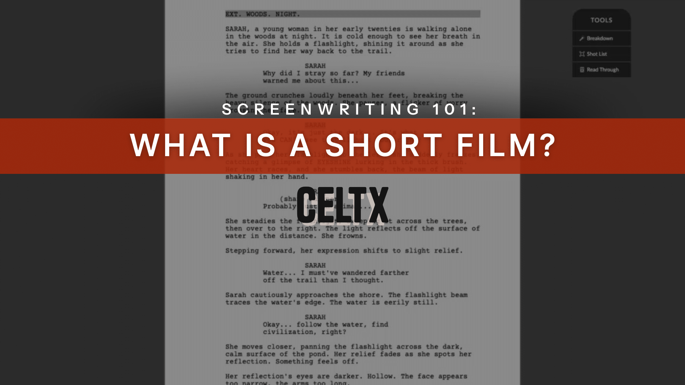 Screenwriting 101: what is a short film? The Celtx logo is in the center, a script written with Celtx Screenwriting software in the background