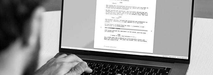 screenwriter writing on an open laptop showing the celtx script writing software on the screen