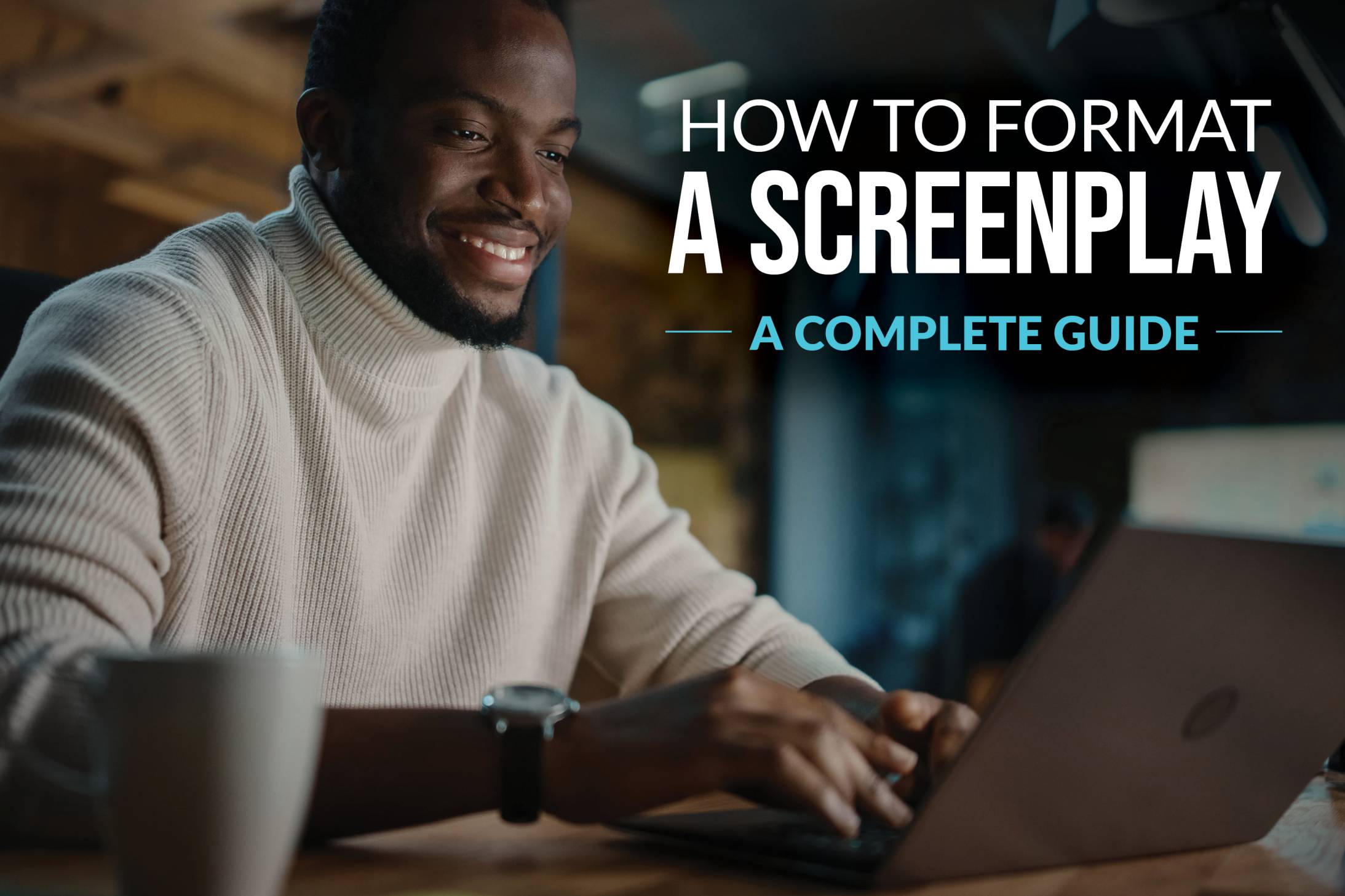 A man typing on a computer - he is using celtx to format his screenplay.