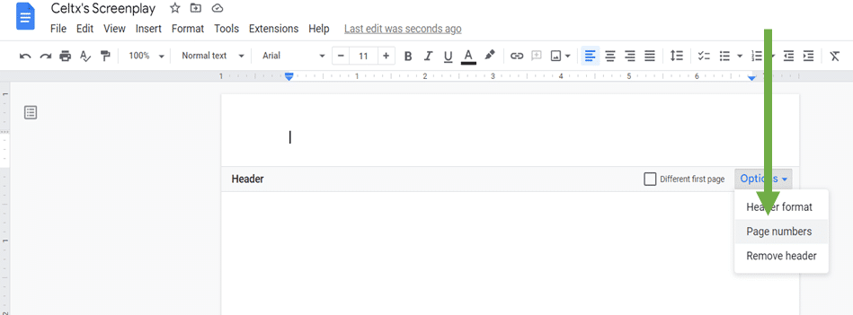 how to toggle page numbers if you write your script in google docs