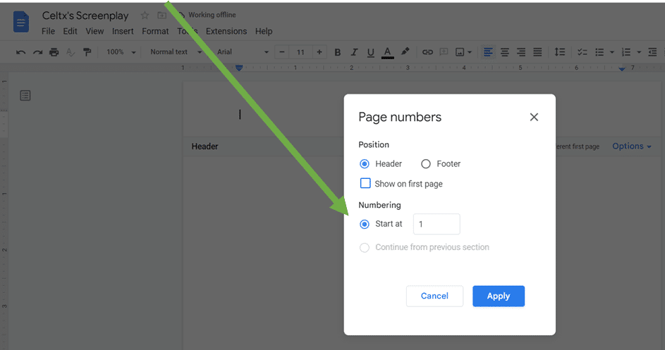 Google docs screenplay example: page numbers