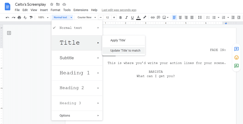 Formatting your script in google docs