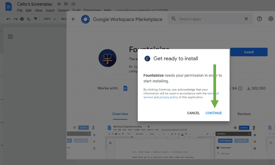 Screenshot showing permissions to download fountainize