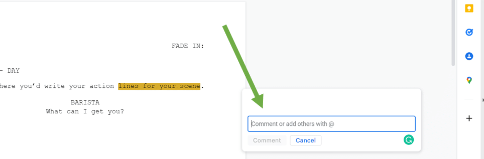showing how to comment on a script on google docs