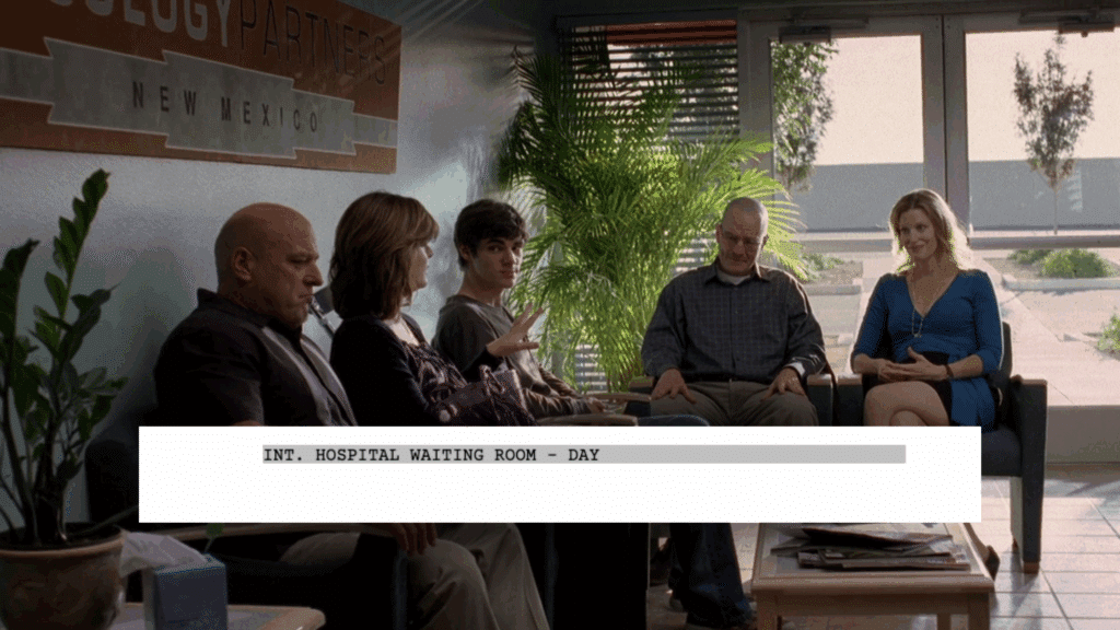 A still from a scene of Breaking Bad with a screenshot of the scene heading for this scene written in Celtx: INT. HOSPITAL WAITING ROOM - DAY