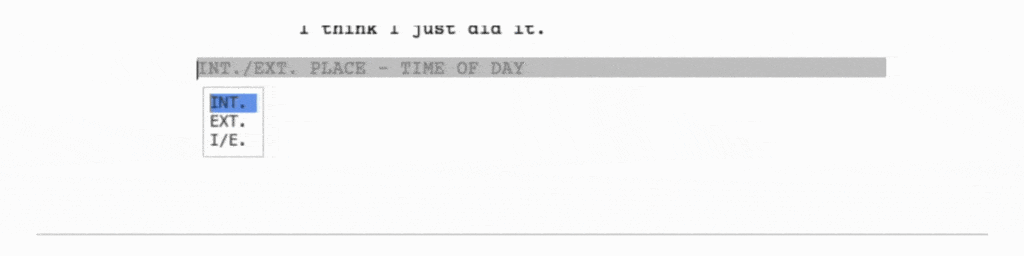 A gif showing how celtx automatically formats your scene headings.