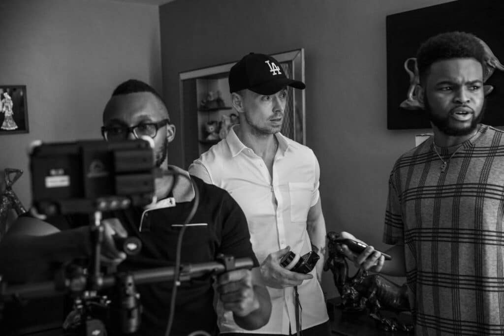 Behind the scenes of a film set.
