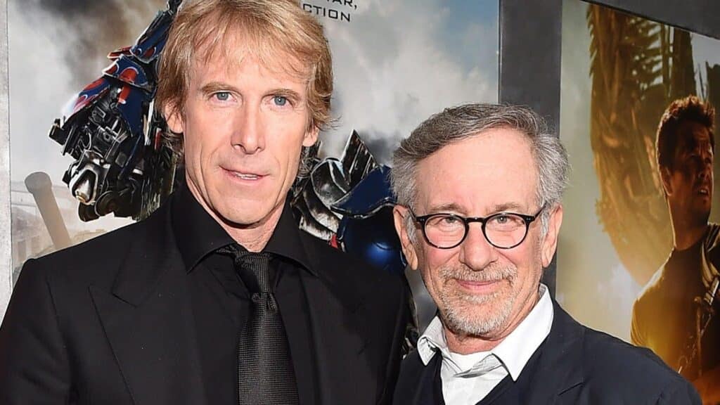 Executive producer Michael Bay and Executive Producer and Director Steven Spielberg on the red carpet of Transformers.