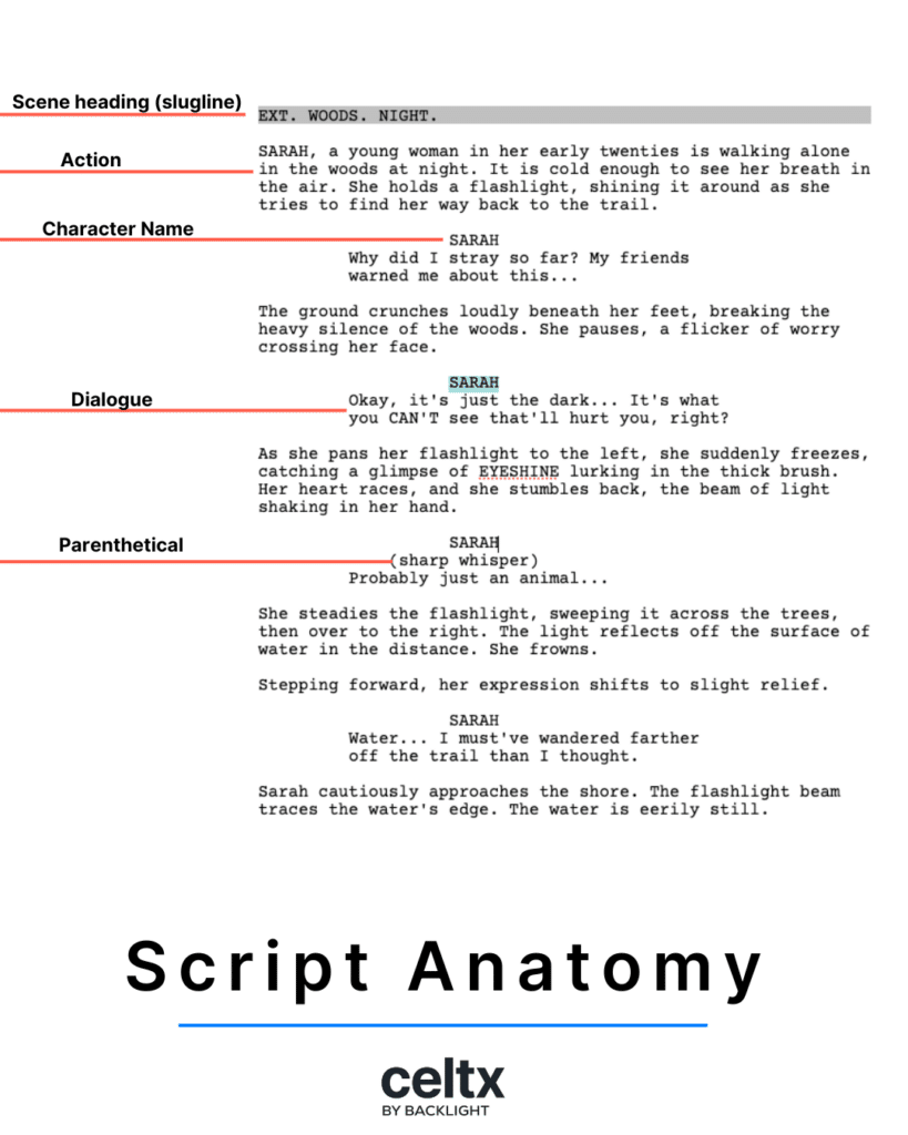 an example of a movie script written with celtx script writing software denoting different elements of how to structure a screenplay: the scene heading (slugline), action, dialogue, character name, and parenthetical.