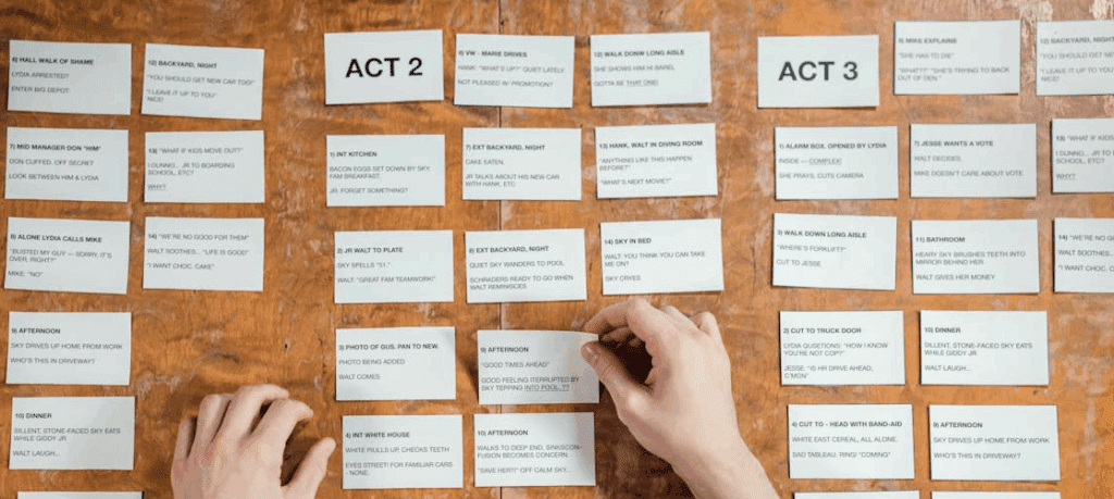 two hands organize notecards into three acts. movie script structure.