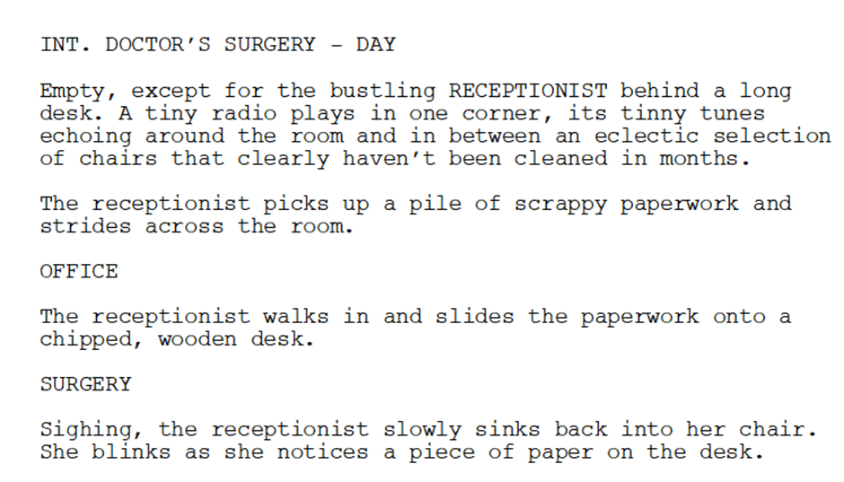example of a slugline and location change in a screenplay