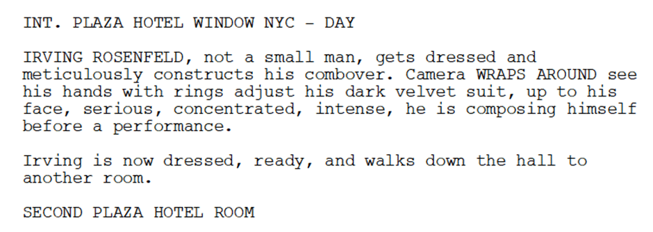 example of a master slugline from American Hustle