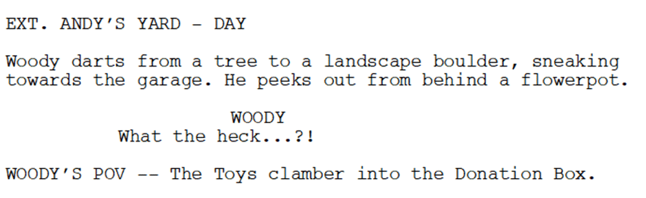 Toy Story 3 script showing a switch in point of view indicated by subheadings.