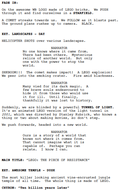 An example of proper script format using the opening page of the screenplay for The Lego Movie