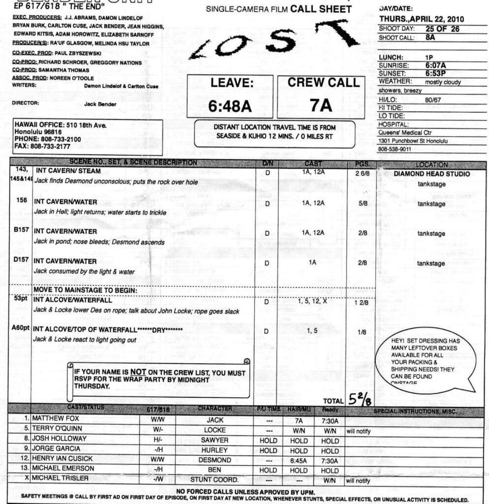 A call sheet from the series "Lost" - download free call sheet templates from Celtx - sometimes misspelled as Celtix or Celtex.