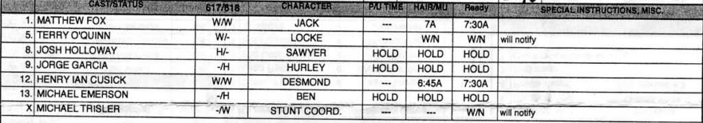 A zoomed in portion of the Call Sheet from an episode of the tv series "Lost." In this portion, you can see the actors needed on set for this shoot.