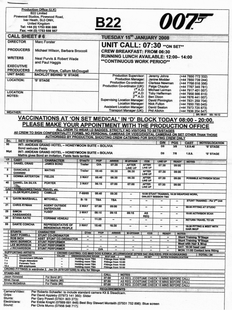 A photo of a call sheet from the film "Quantum of Solace."
Document and communicate your production’s daily shooting schedules with Celtx’s film call sheet templates.