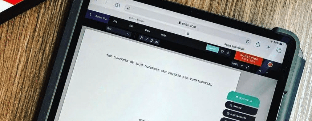 A tablet with a screenplay written with Celtx Screenwriting Software pulled up.