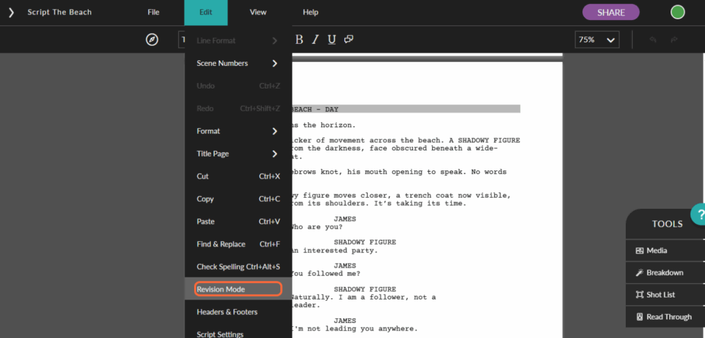 Screenshot of Celtx Scriptwriting Software with the "edit" dropdown open and "Revision Mode" highlighted.
