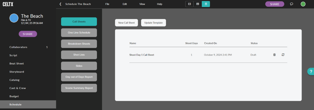 Celtx software with a Call Sheet loaded titled "Shoot Day 1 Call Sheet"