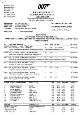 A photo of the call sheet from the film "Die Another Day"