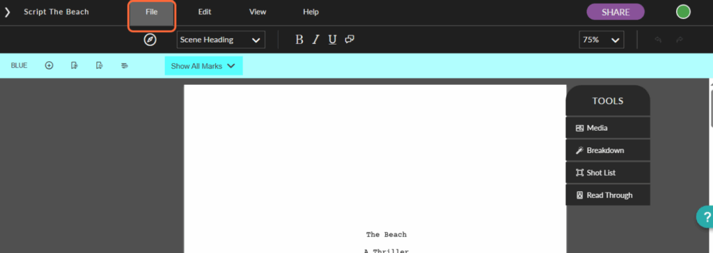 The "file" button in the top left of the Celtx Script Editor highlighted with an orange box.