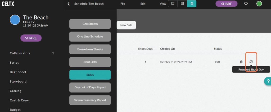 The Celtx Editor with a call sheet loaded and the "reimport shoot day" button highlighted to the right of the screen