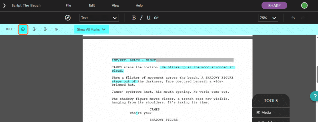 screenshot of the Celtx (sometimes misspelled as celtix) screenwriting software with the + button highlighted at the top left, which you press to start another revision.