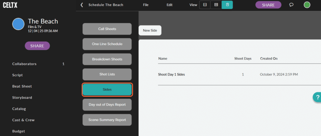 The Celtx Editor with a call sheet loaded and the "Sides" button on the left highlighted with an orange box.