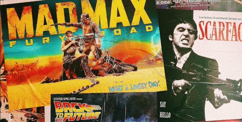 A collage of movie posters - you can see Mad Max: Fury Road, Scarface, and Back to the Future