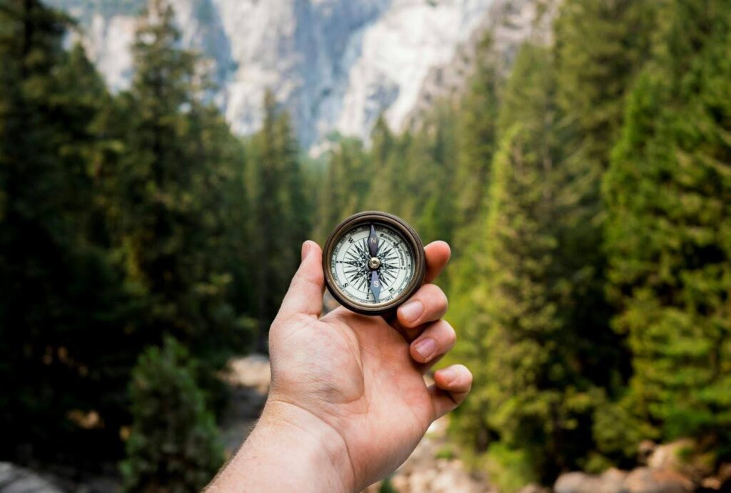 A compass is held by an extended hand. In the background: the wilderness.