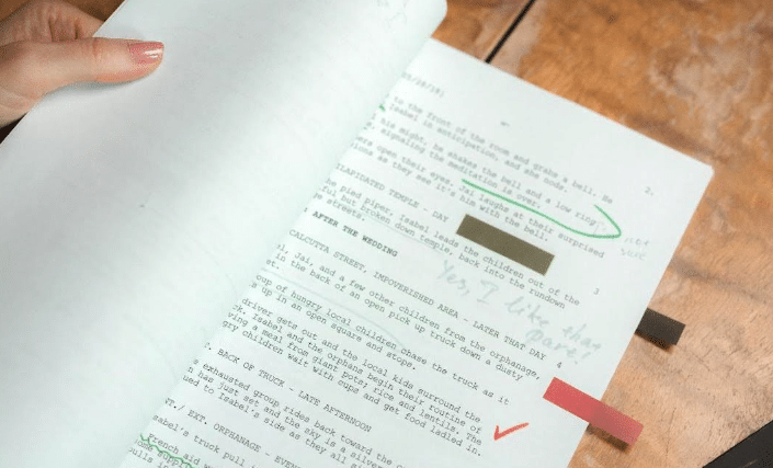 script revision colors

a printed screenplay with notes and edits/revisions