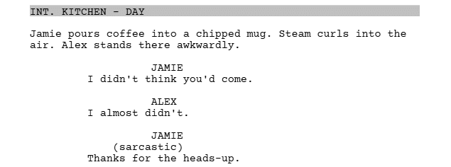 The script elements outlined above put together into a script written with Celtx.