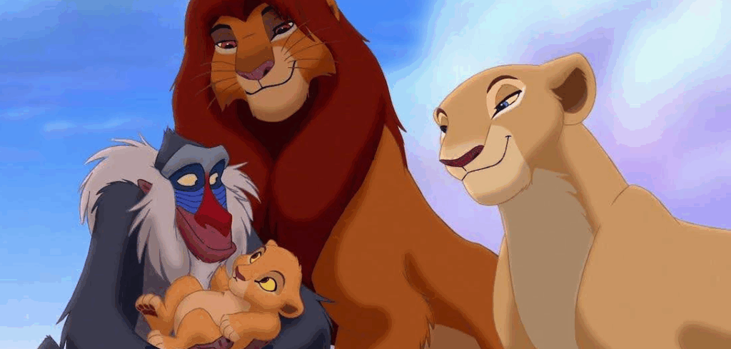 Simba, Nala, and Rafiki admire the new cub