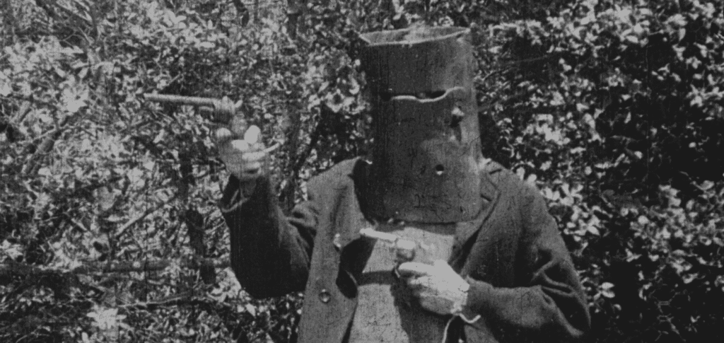 A still from the first ever feature film: The Story of the Kelly Gang (black & white)
