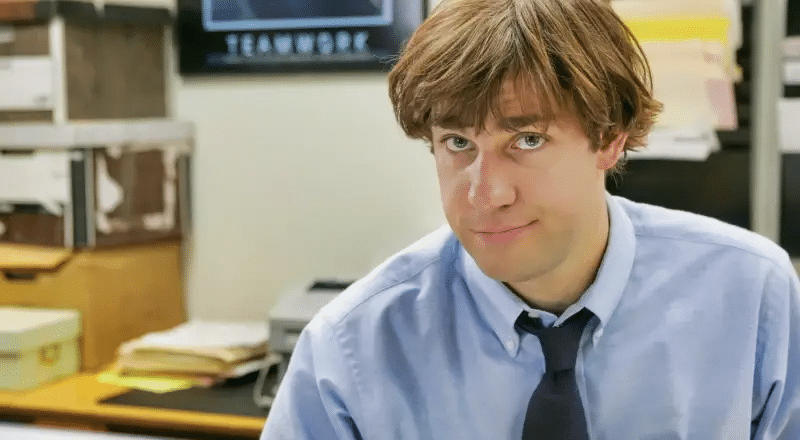 Jim Halpert breaks the 4th wall to look directly into the camera in The Office
