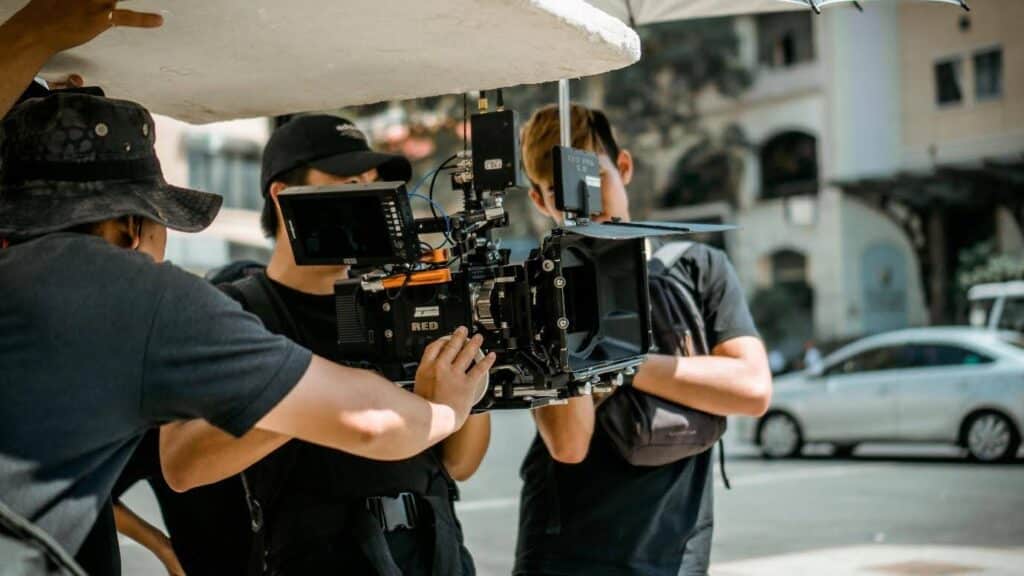 A film crew on set