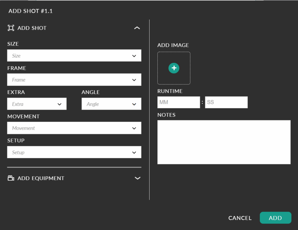 screenshot of the shot list tool in the celtx studio