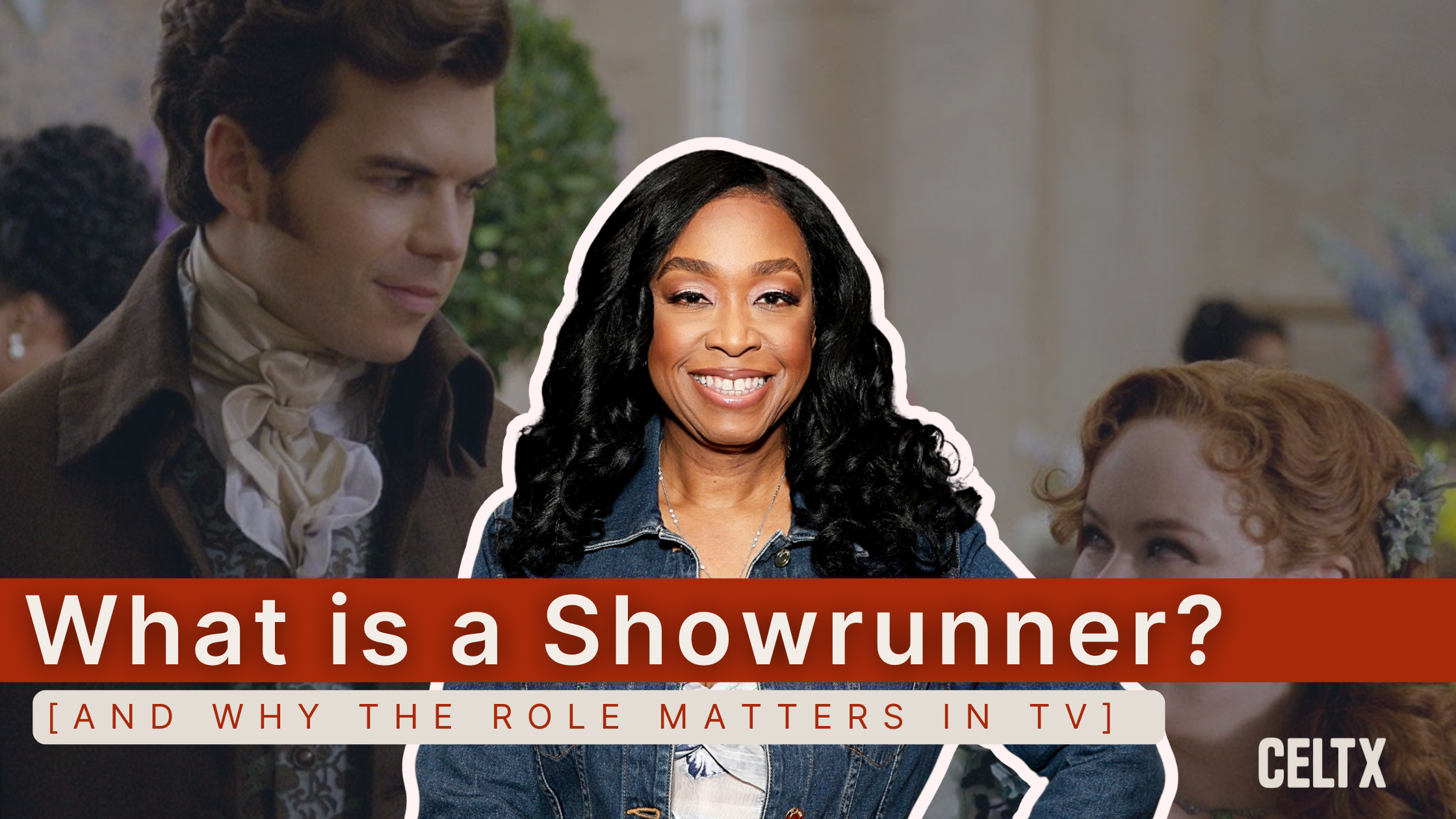 What is a showrunner? And why does the role matter in television? A photo of Shonda Rhimes over a still from one of the show she os the showrunner for: Bridgerton
