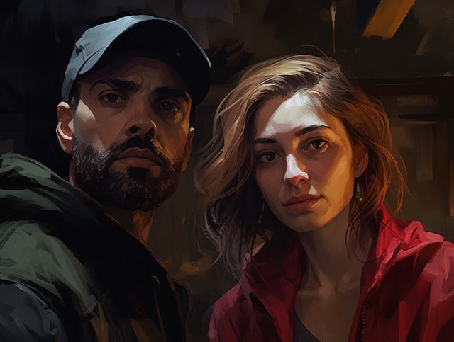 Two characters in a story beat, with a dramatic expression on their faces.