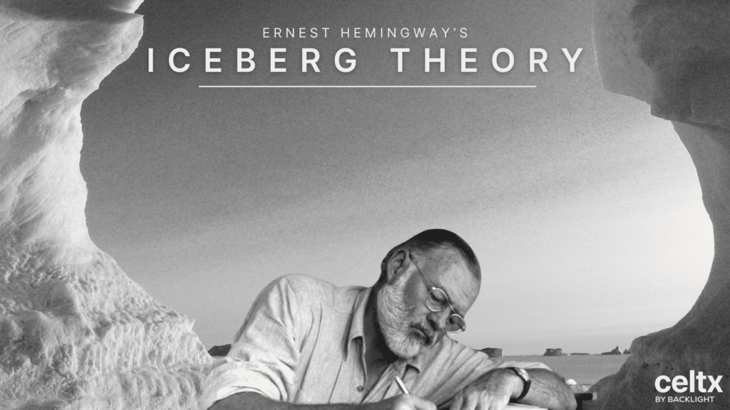 Banner graphic that reads: Ernest Hemingway's Iceberg Theory and shows Ernest Hemingway between two icebergs.