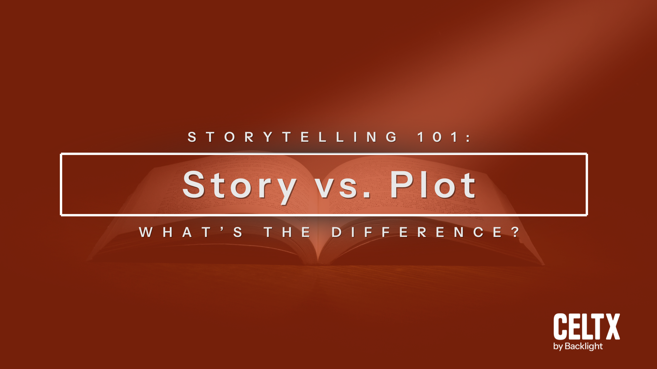 banner graphic with an open book and words that read: Story vs plot, what's the difference?