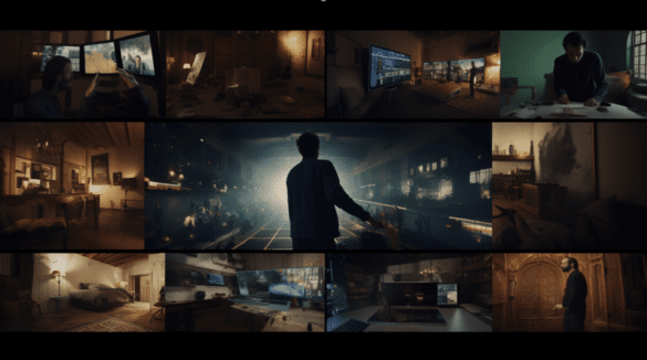 Collage of images of moodily-lit rooms and media on computer screens