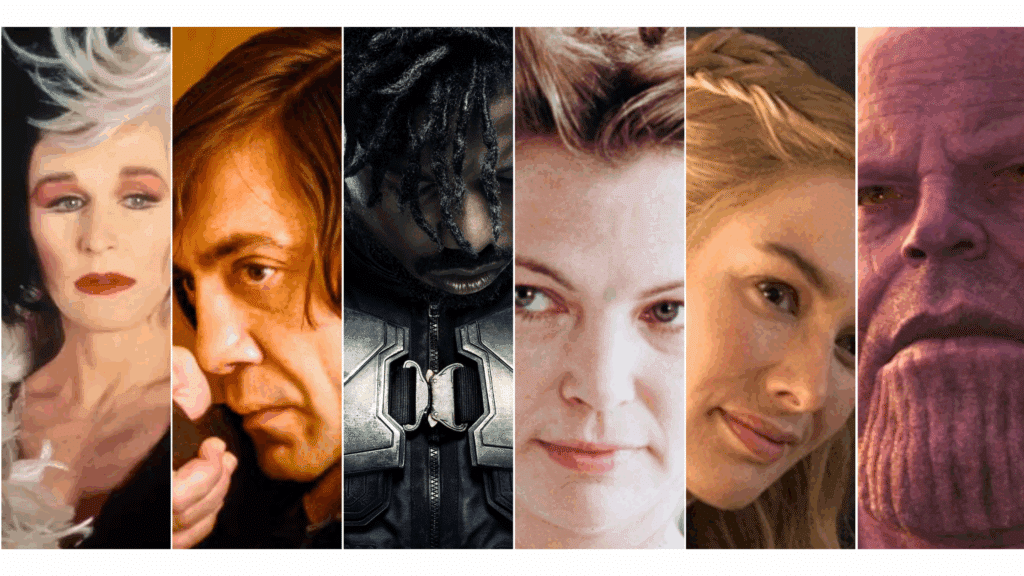 Collage of different antagonists in film & television, from Killmonger to Cersei Lannister