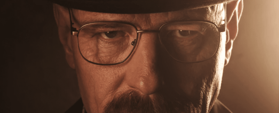 a close up of the antagonist Walter White from Breaking Bad