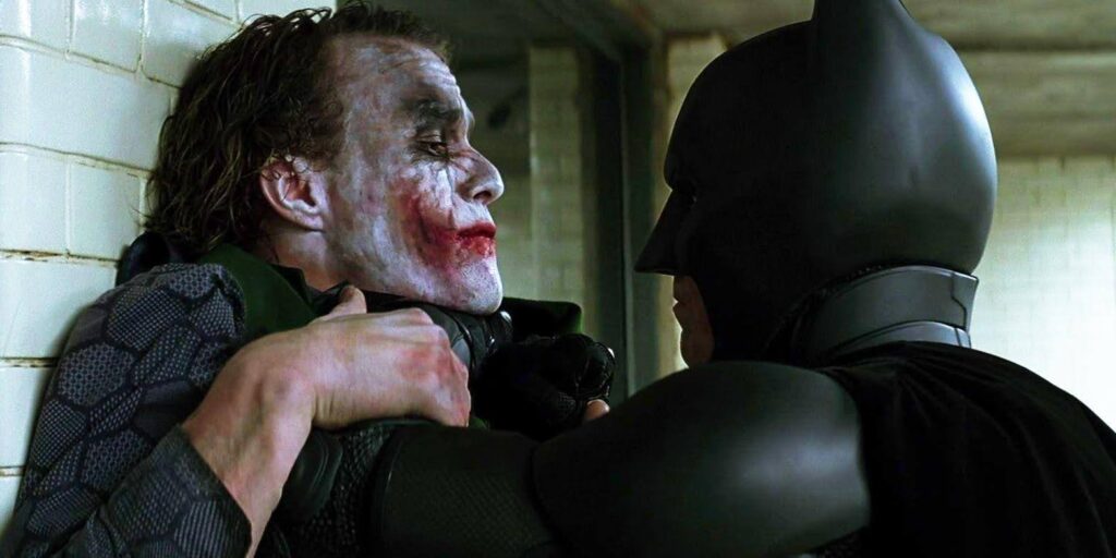 A still from the film The Dark Knight: An example of character vs. character external conflict.